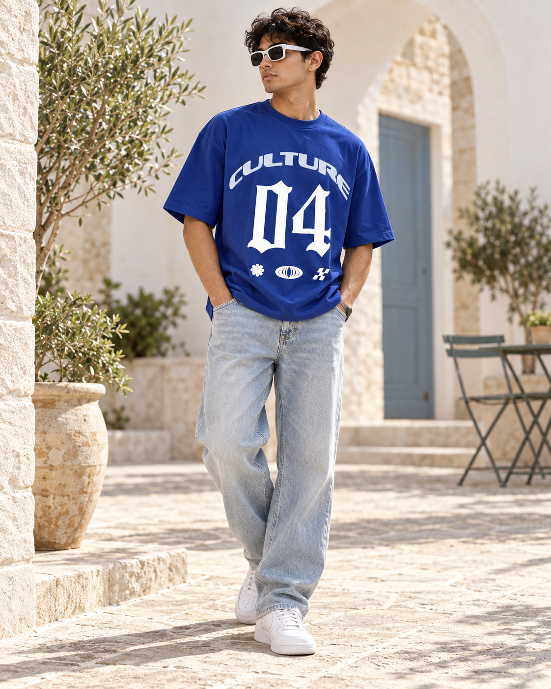 Men’s Royal Blue Down Shoulder Graphic Printed T-Shirt