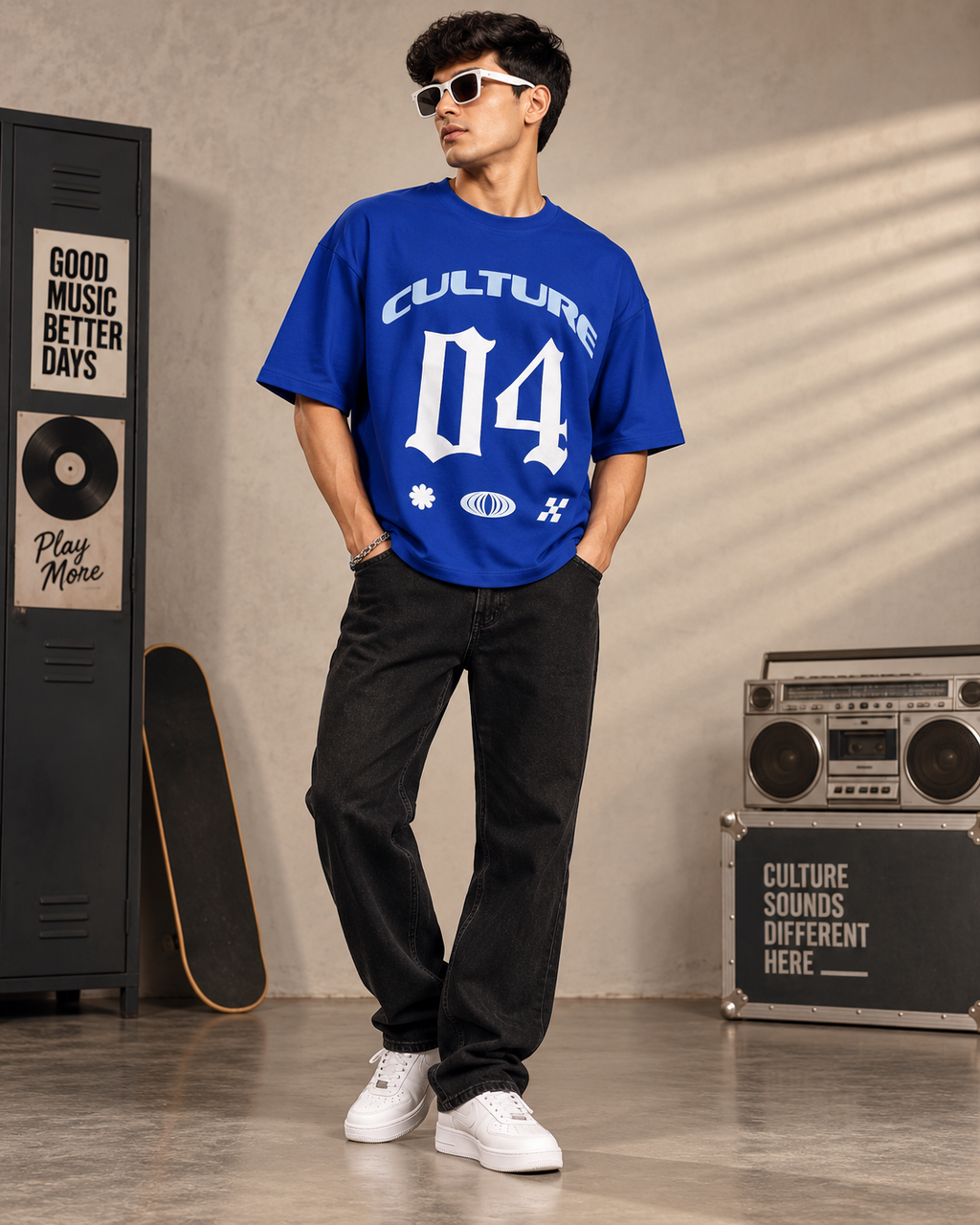 Men’s Royal Blue Down Shoulder Graphic Printed T-Shirt