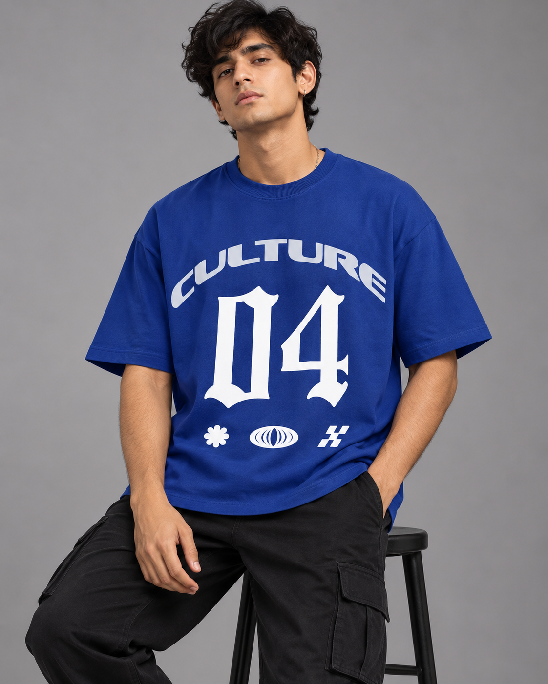Men’s Royal Blue Down Shoulder Graphic Printed T-Shirt