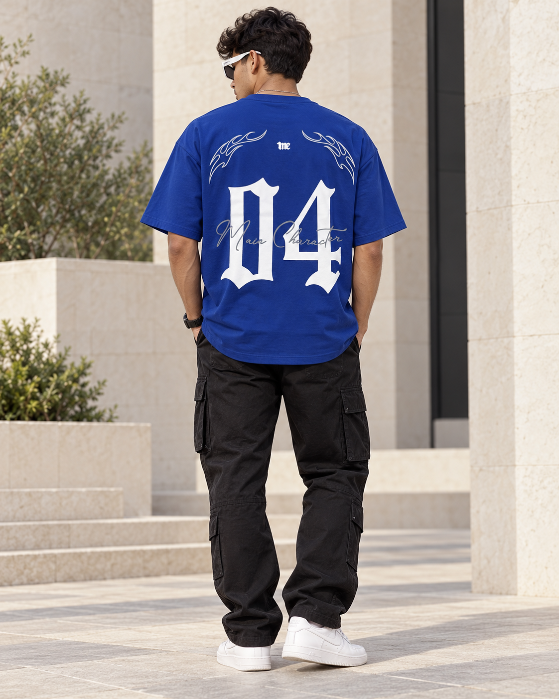Men’s Royal Blue Down Shoulder Graphic Printed T-Shirt