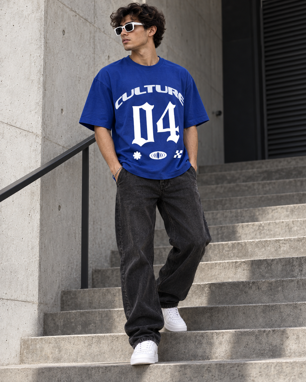 Men’s Royal Blue Down Shoulder Graphic Printed T-Shirt