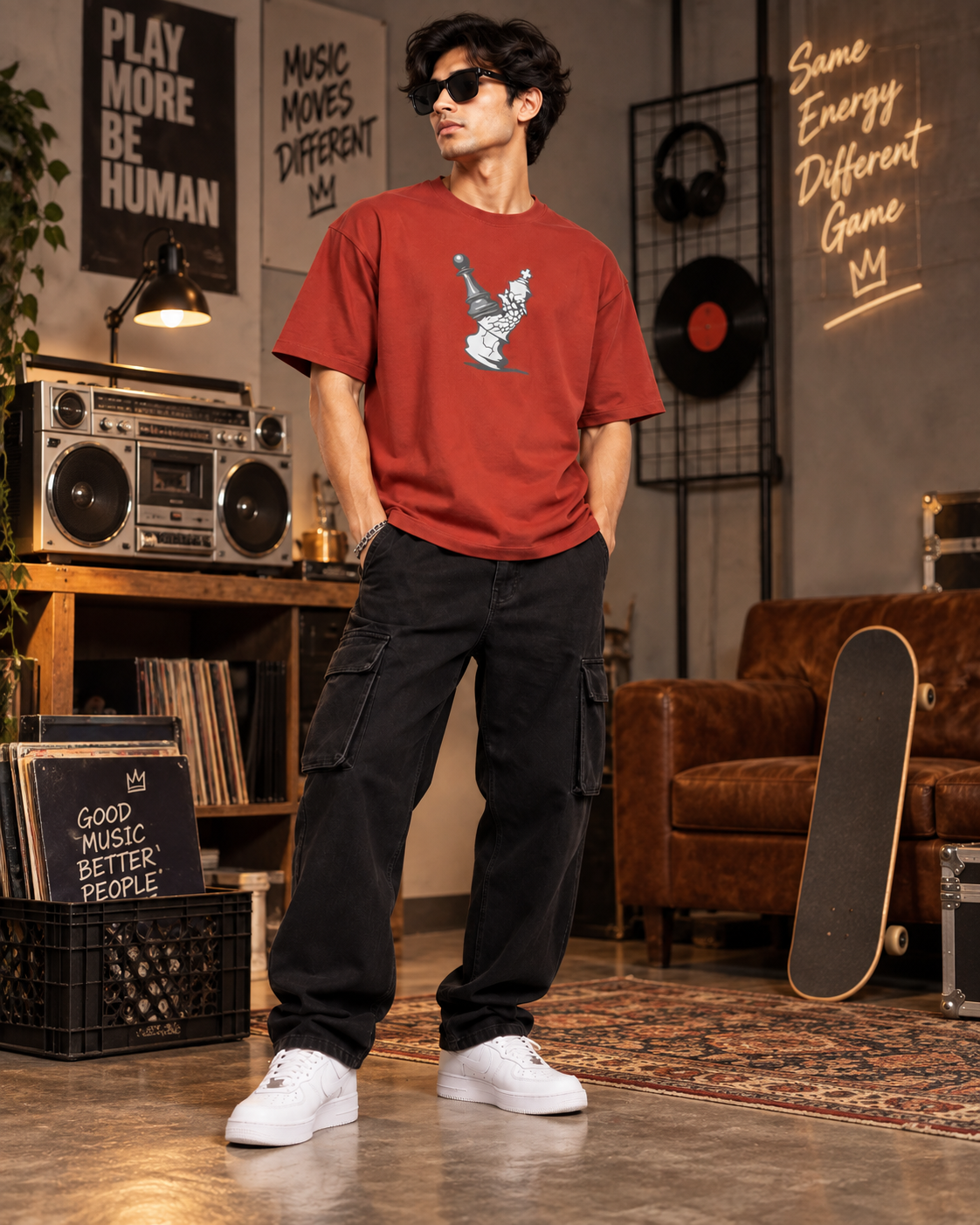Men’s Rust Red Chess Graphic Printed T-Shirt