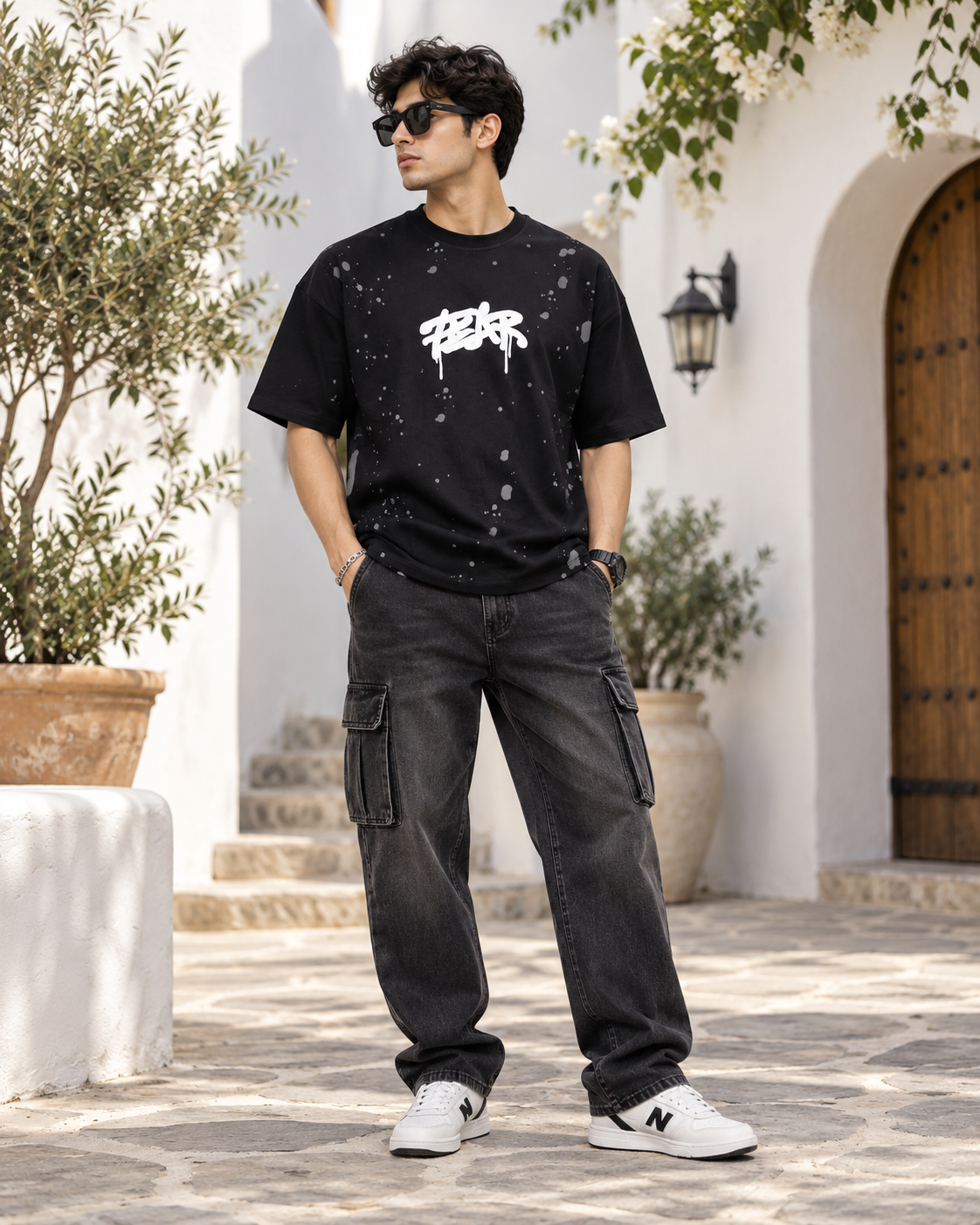 Men’s Black Down Shoulder Fear No One Graphic Printed T-Shirt