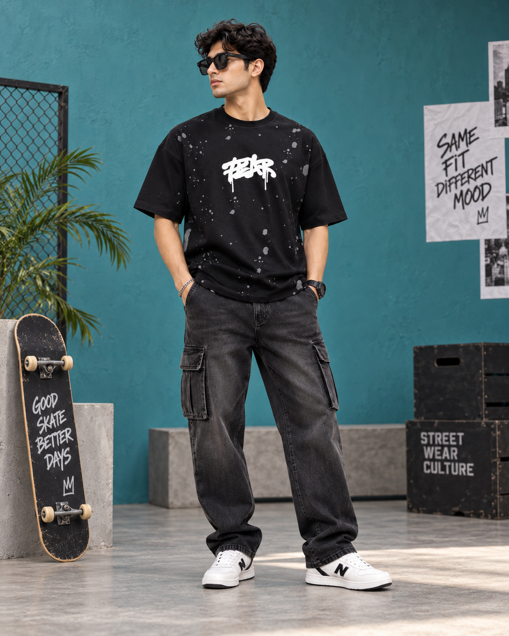Men’s Black Down Shoulder Fear No One Graphic Printed T-Shirt
