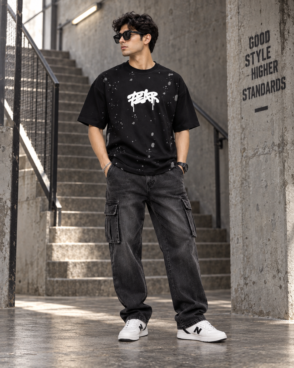 Men’s Black Down Shoulder Fear No One Graphic Printed T-Shirt