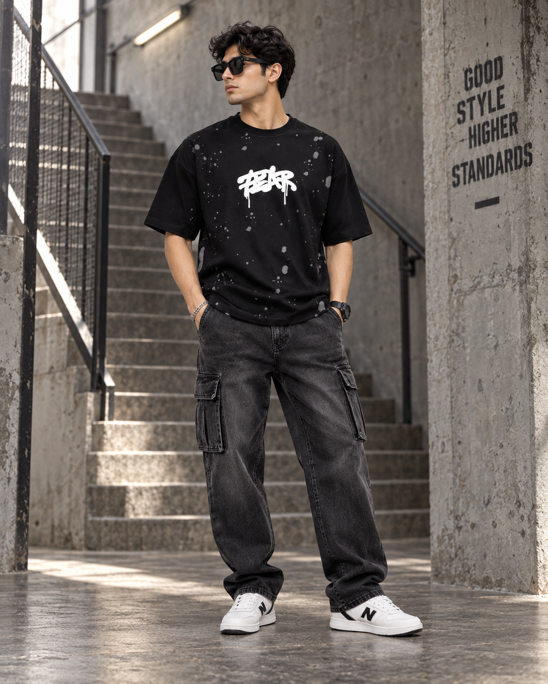 Men’s Black Down Shoulder Fear No One Graphic Printed T-Shirt
