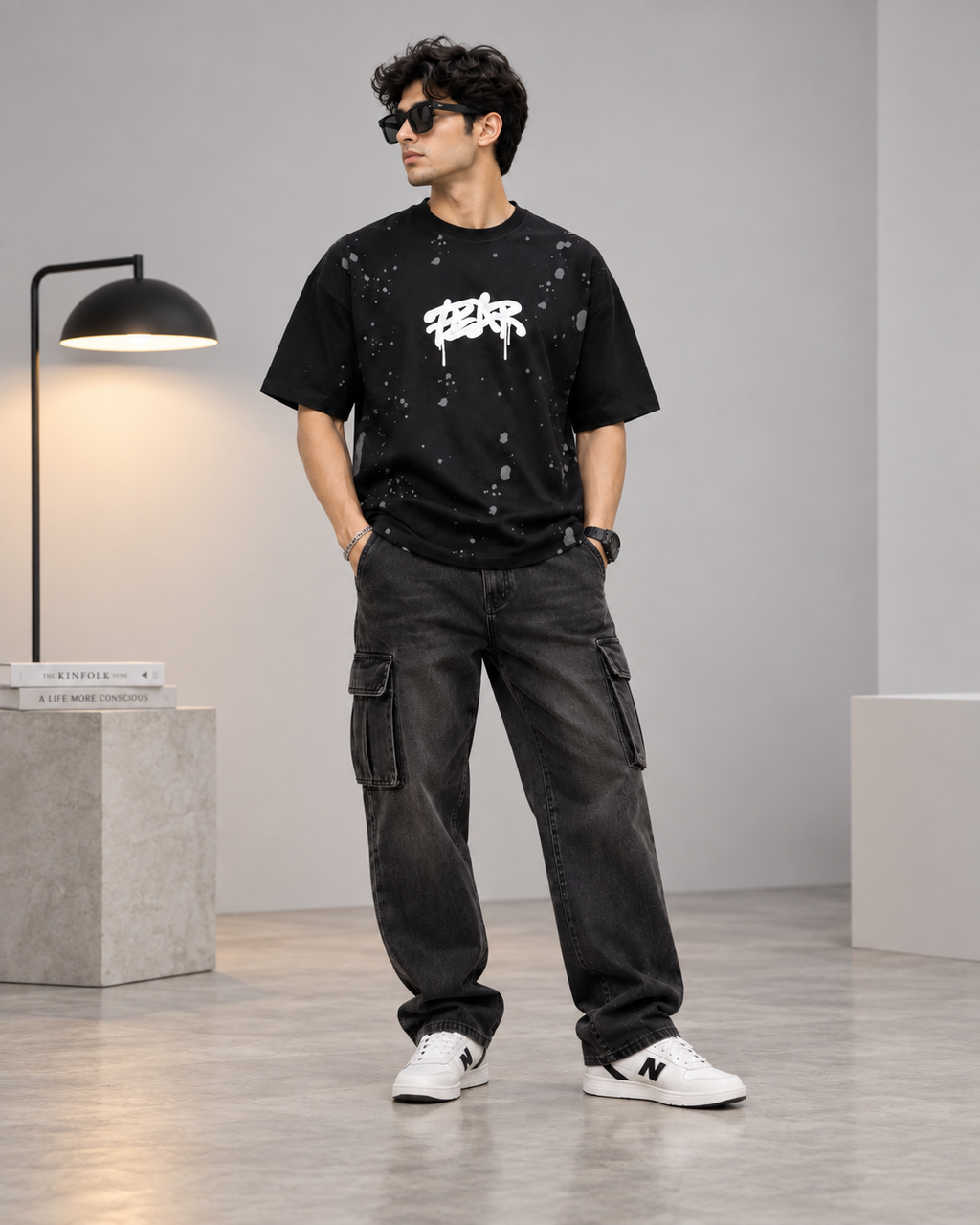 Men’s Black Down Shoulder Fear No One Graphic Printed T-Shirt