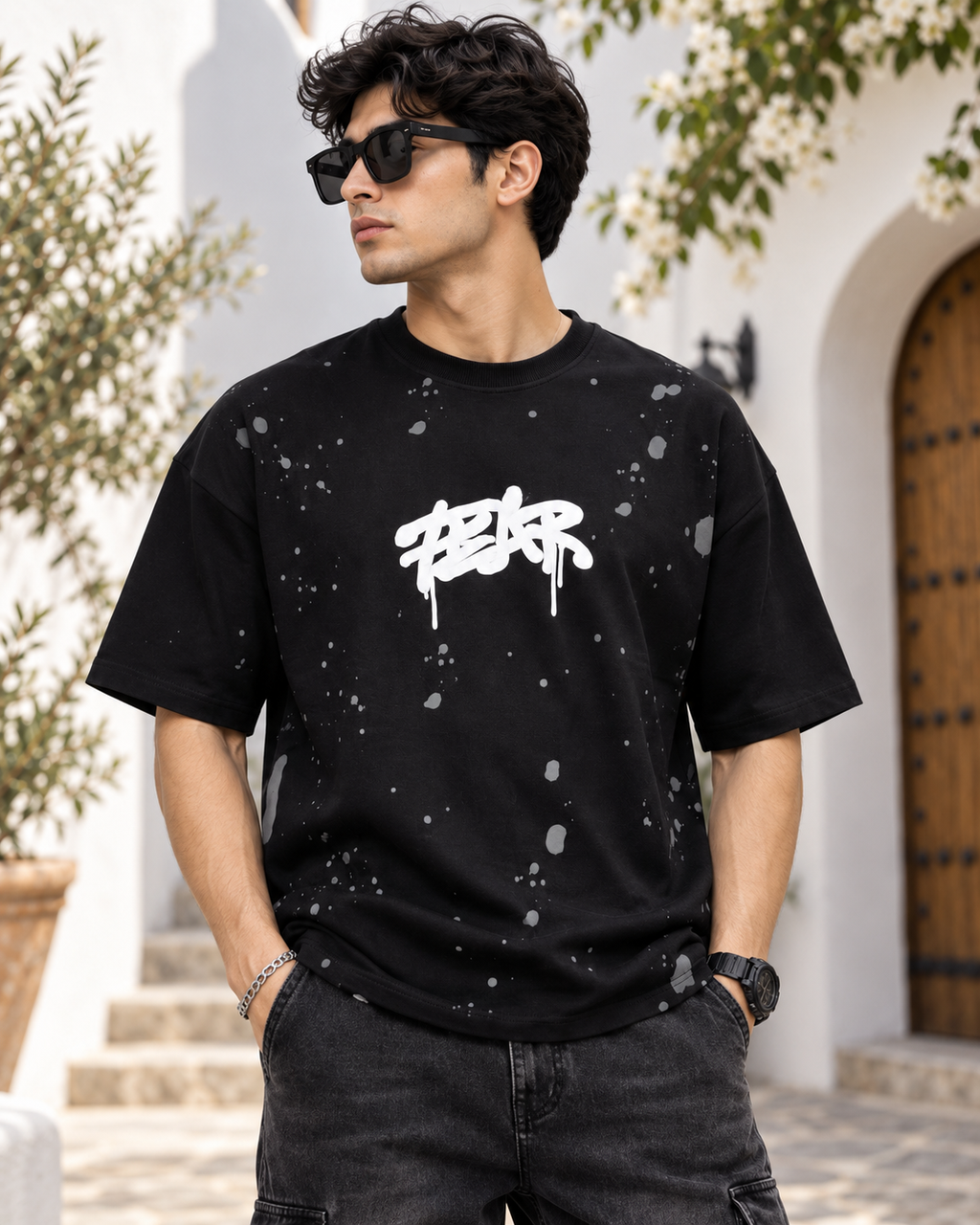 Men’s Black Down Shoulder Fear No One Graphic Printed T-Shirt