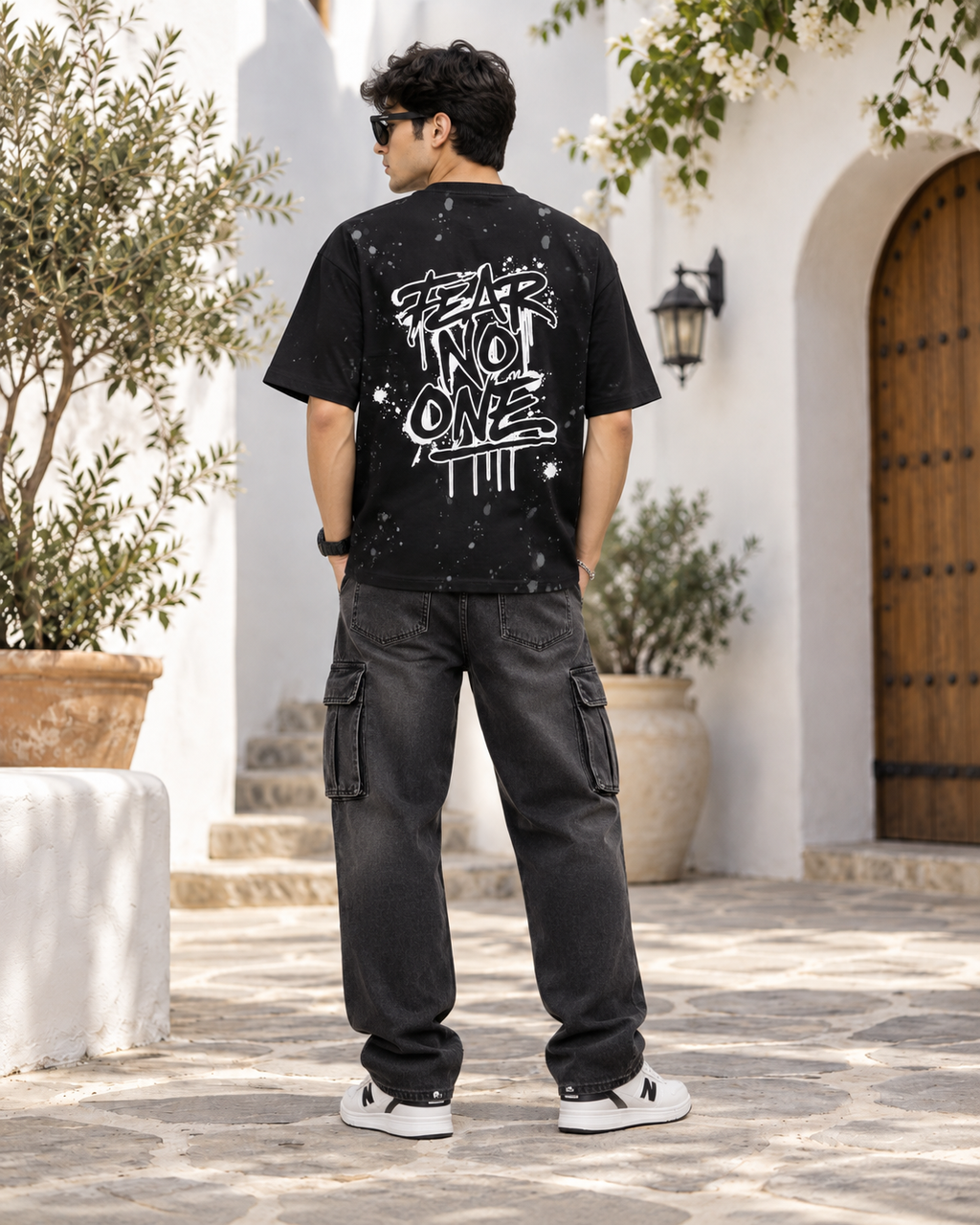 Men’s Black Down Shoulder Fear No One Graphic Printed T-Shirt