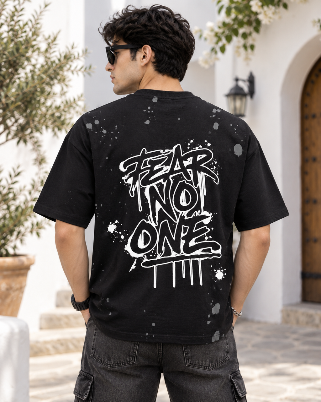 Men’s Black Down Shoulder Fear No One Graphic Printed T-Shirt