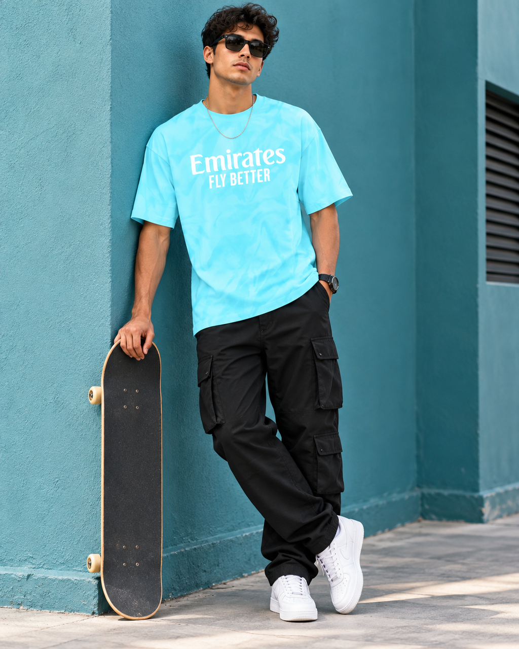 Men’s Aqua Blue Down Shoulder  Graphic Printed T-Shirt