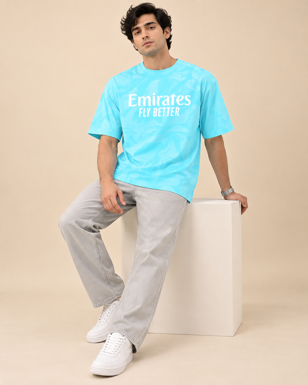 Men’s Aqua Blue Down Shoulder  Graphic Printed T-Shirt