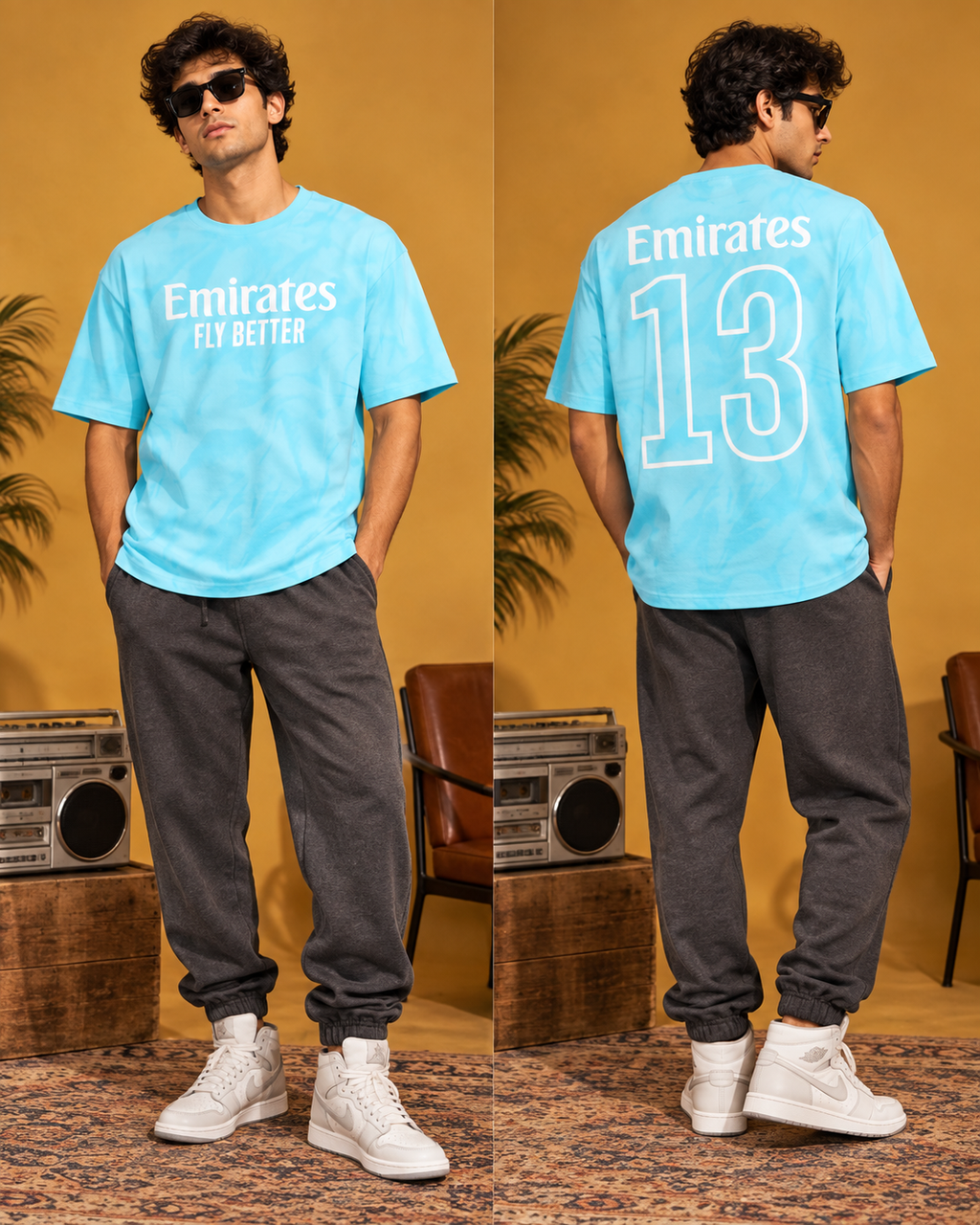 Men’s Aqua Blue Down Shoulder  Graphic Printed T-Shirt