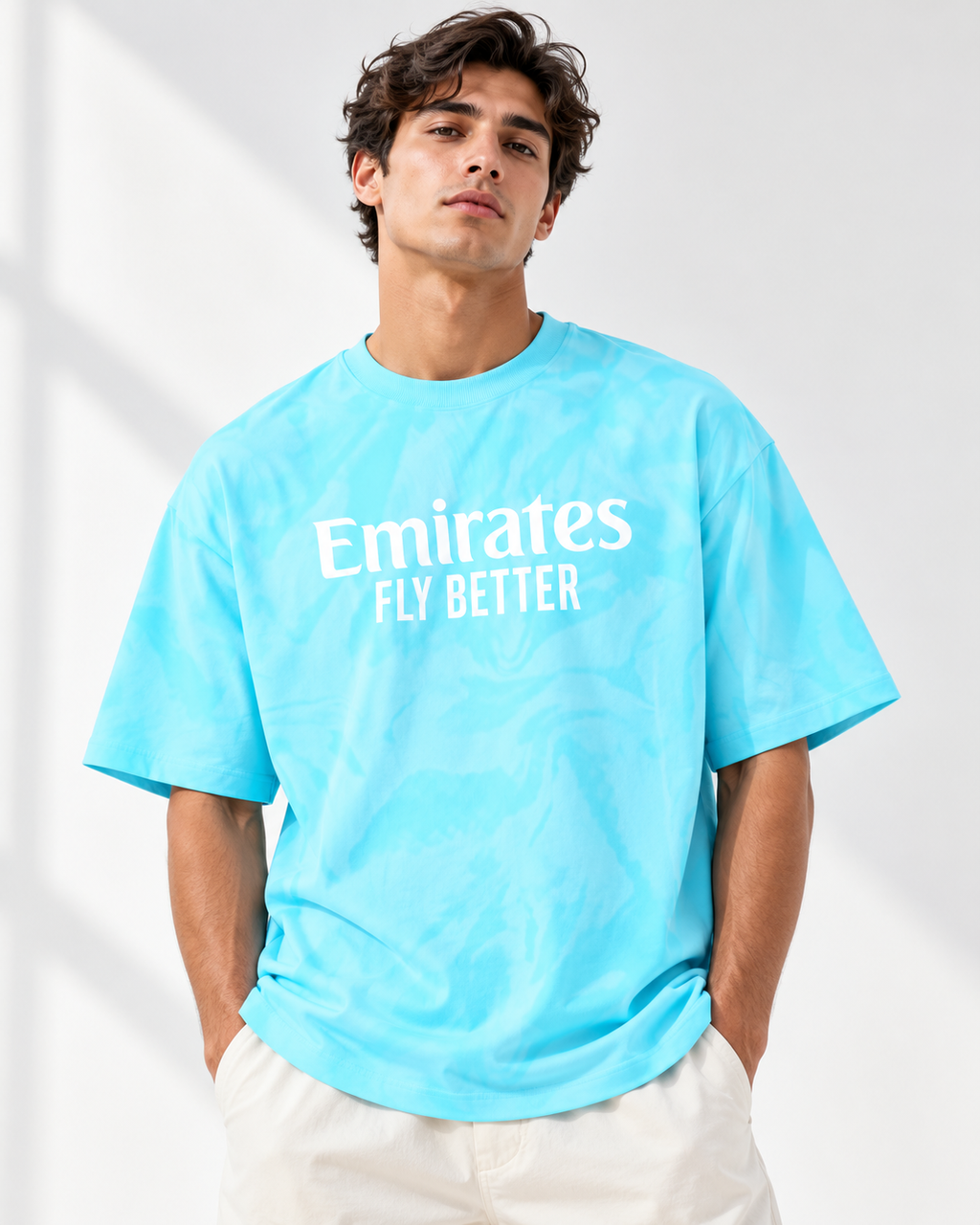Men’s Aqua Blue Down Shoulder  Graphic Printed T-Shirt