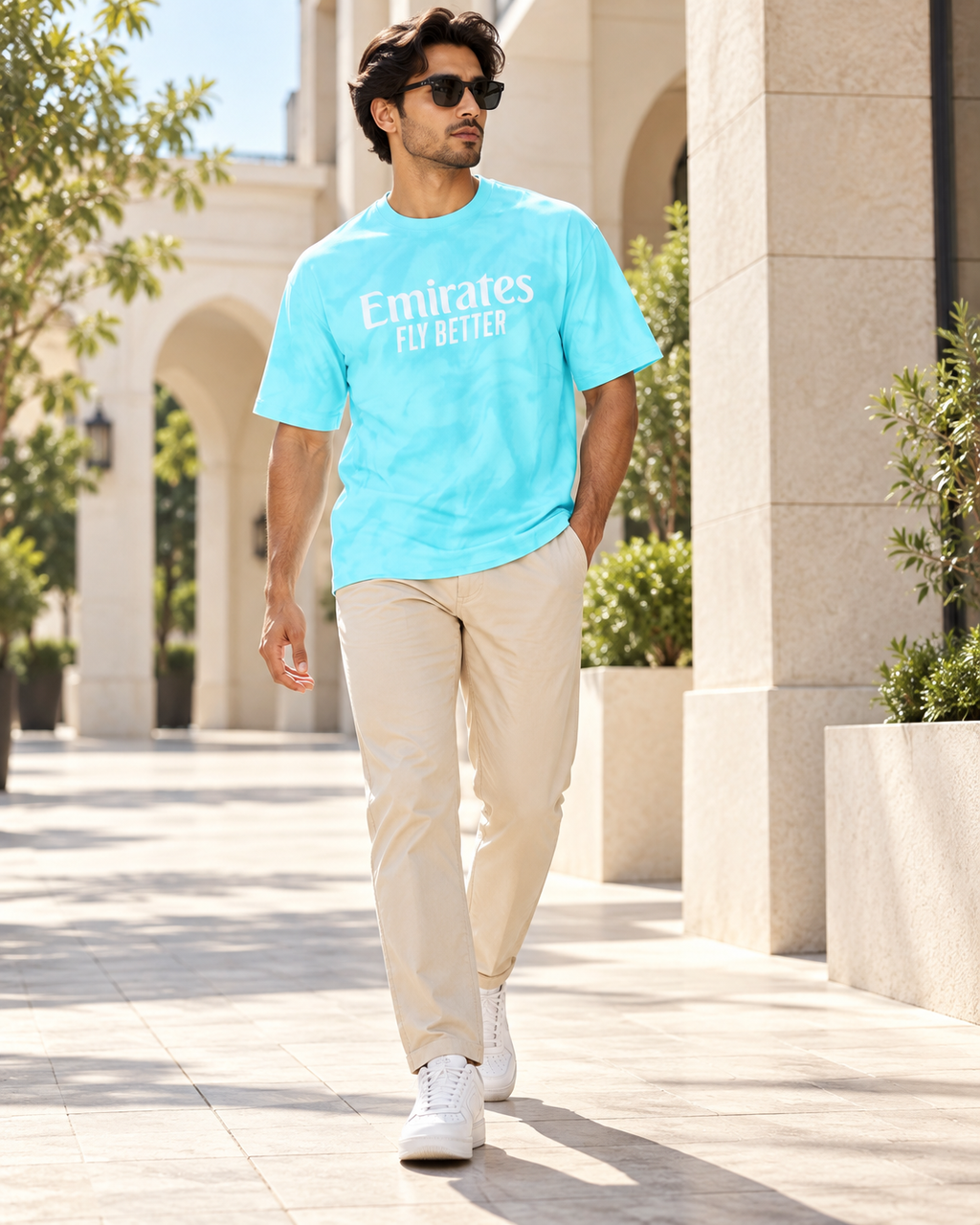Men’s Aqua Blue Down Shoulder  Graphic Printed T-Shirt