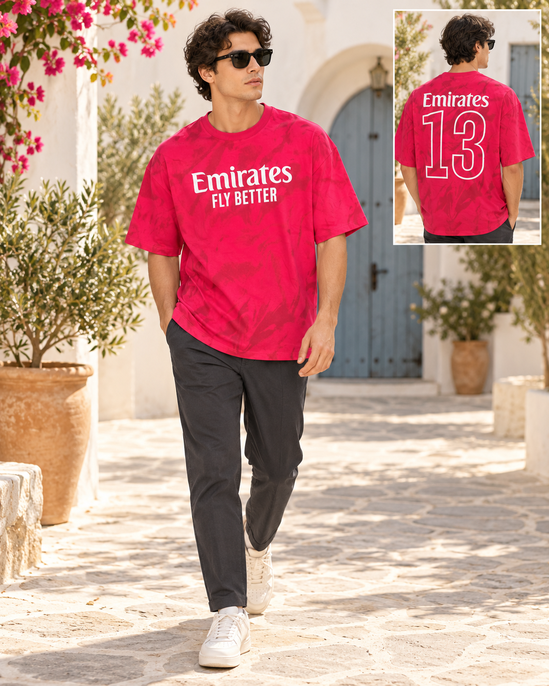 Men’s Pink Down Shoulder Emirates 13 Graphic Printed T-Shirt