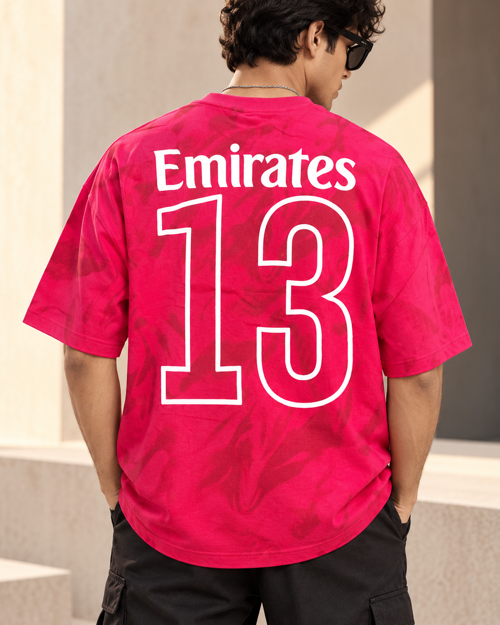 Men’s Pink Down Shoulder Emirates 13 Graphic Printed T-Shirt