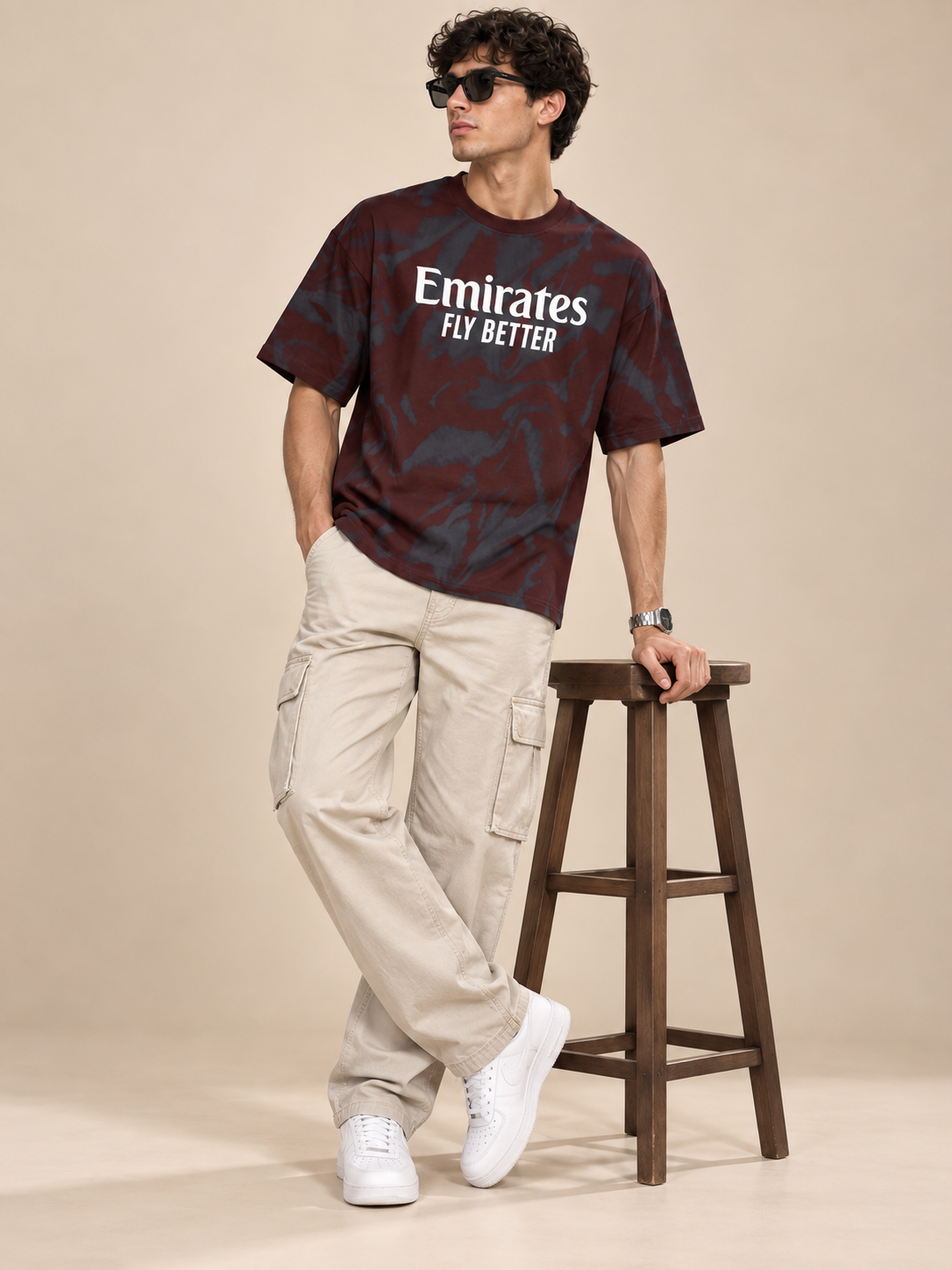Men’s Maroon & Charcoal Down Shoulder  Graphic Printed T-Shirt