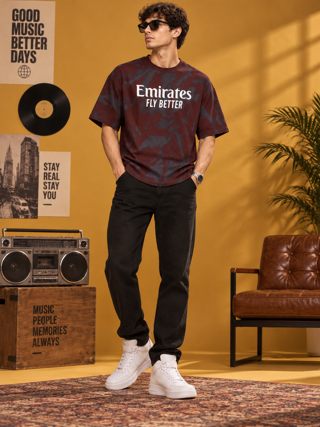 Men’s Maroon & Charcoal Down Shoulder  Graphic Printed T-Shirt