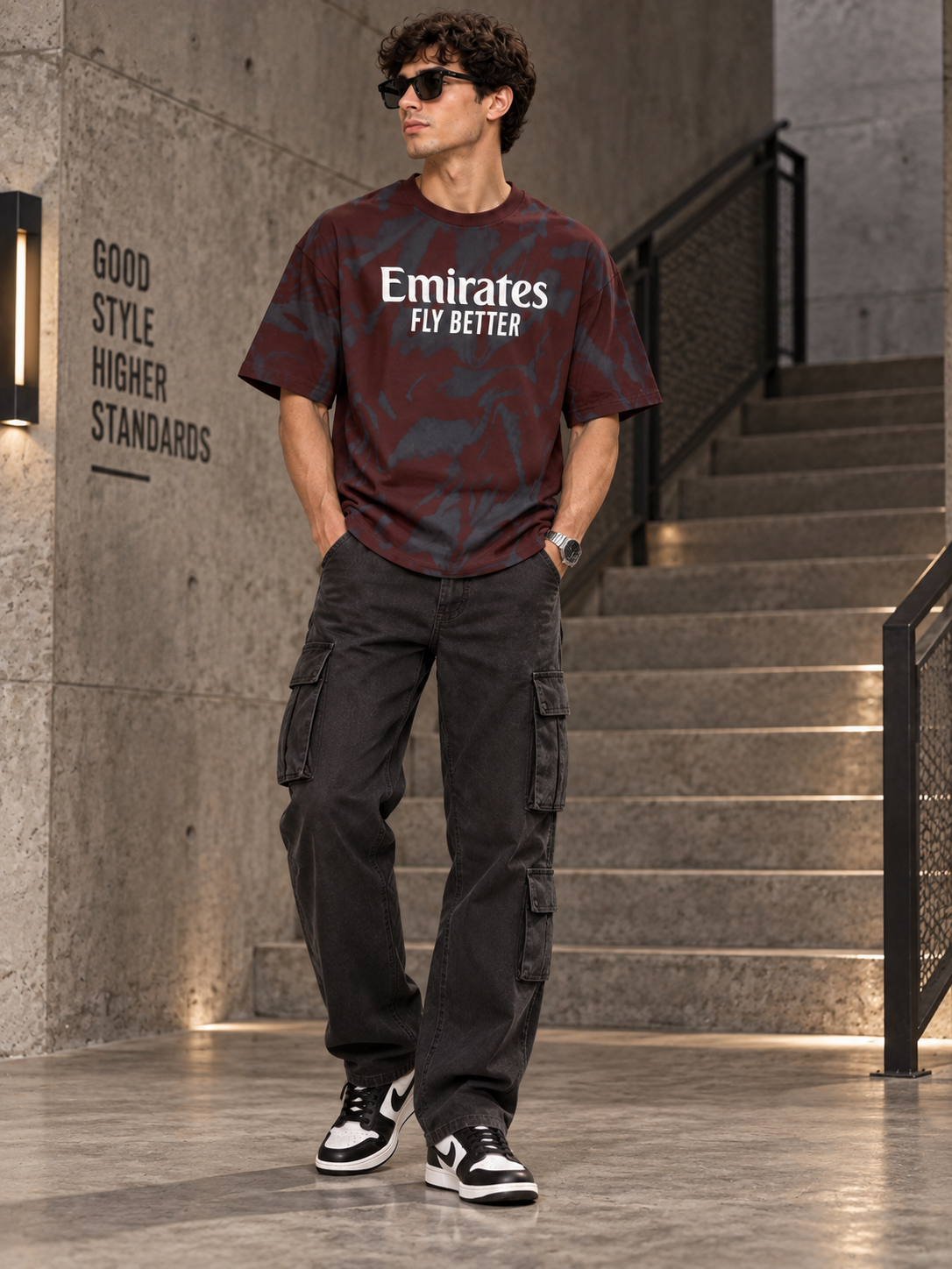 Men’s Maroon & Charcoal Down Shoulder  Graphic Printed T-Shirt
