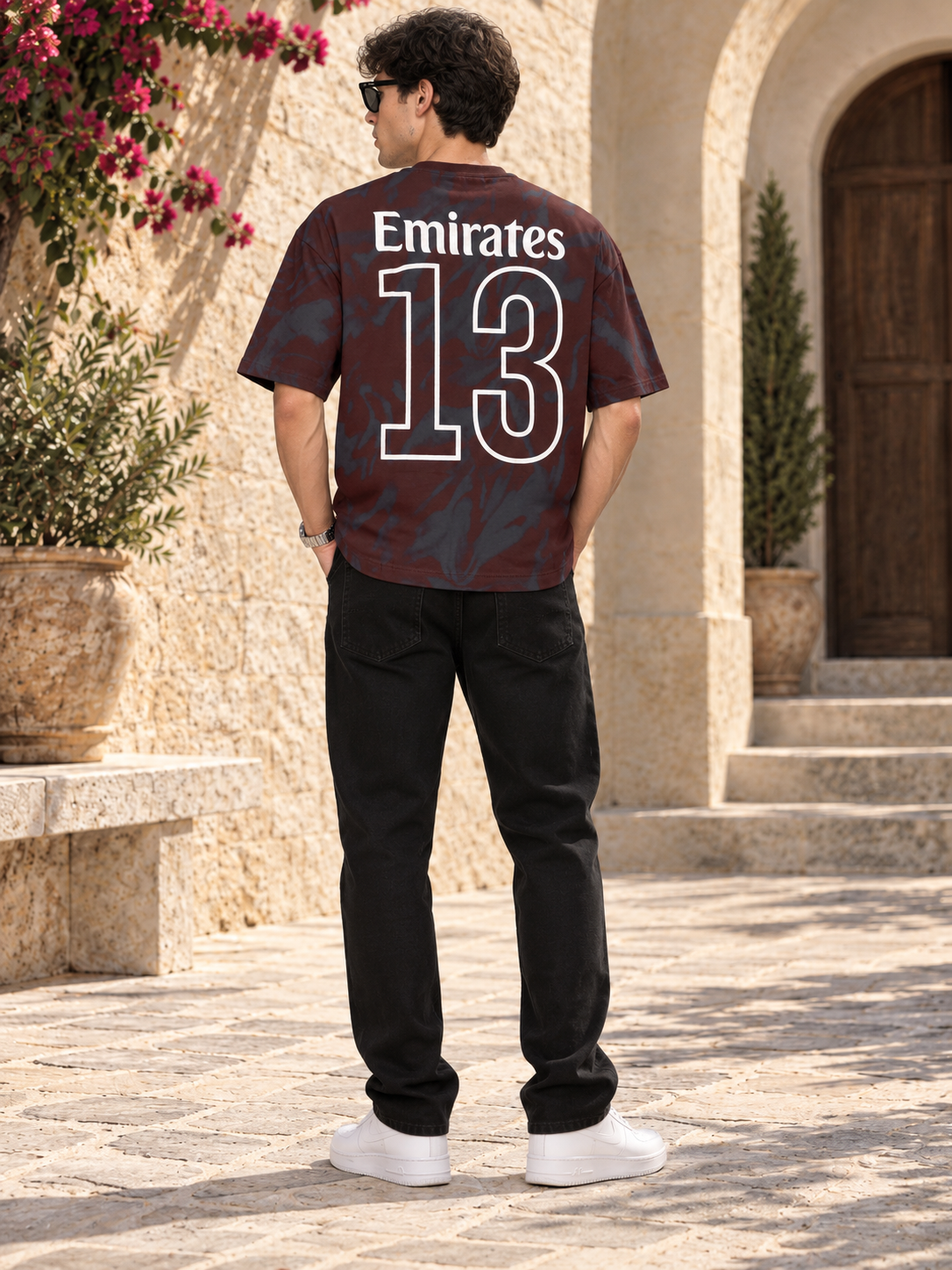 Men’s Maroon & Charcoal Down Shoulder  Graphic Printed T-Shirt