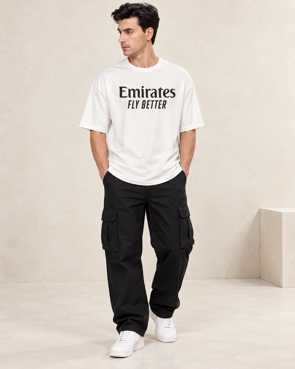 Men’s White Down Shoulder Graphic Printed T-Shirt
