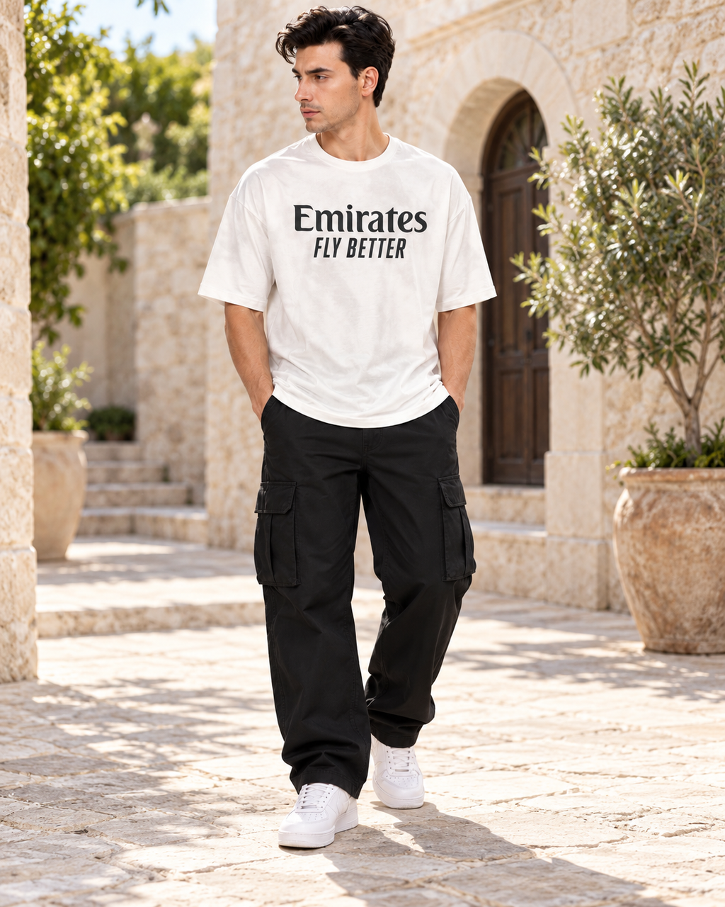 Men’s White Down Shoulder Graphic Printed T-Shirt