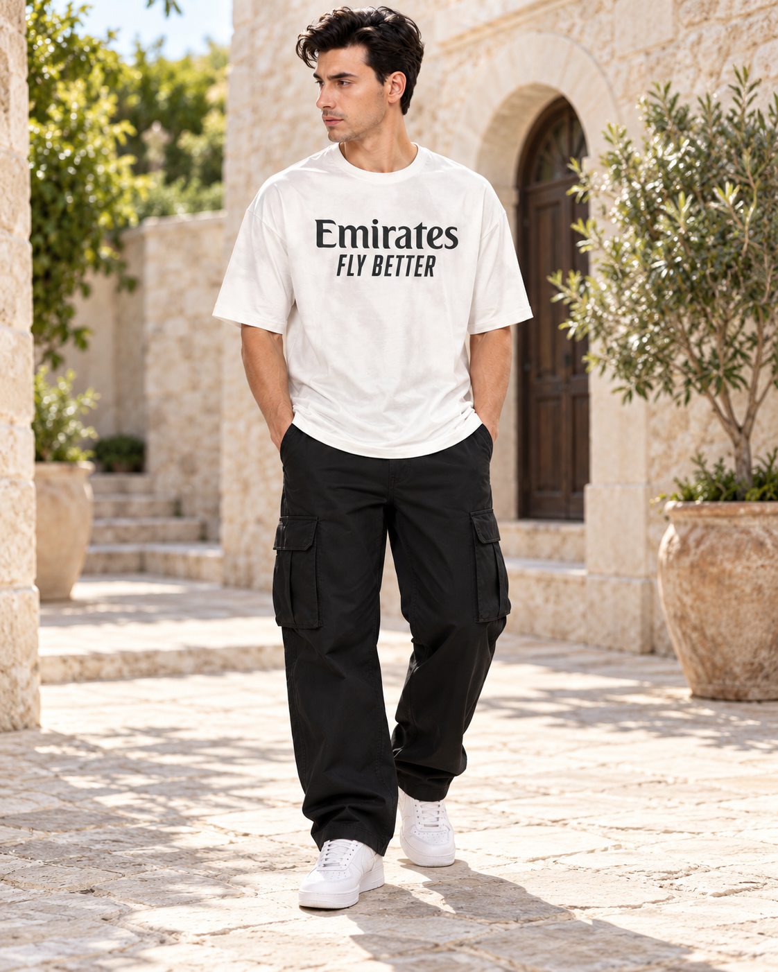 Men’s White Down Shoulder Graphic Printed T-Shirt