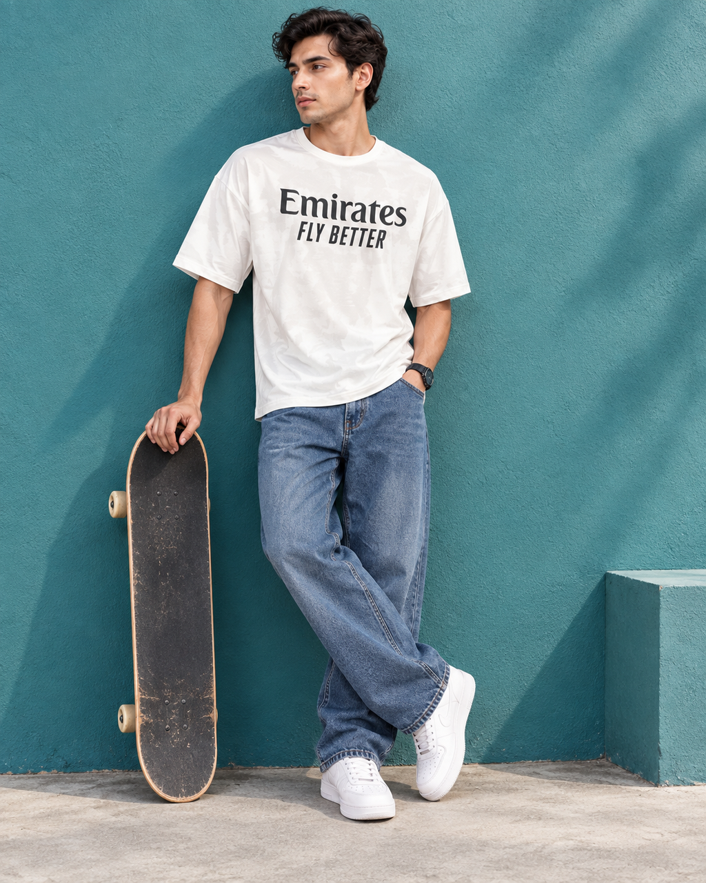 Men’s White Down Shoulder Graphic Printed T-Shirt