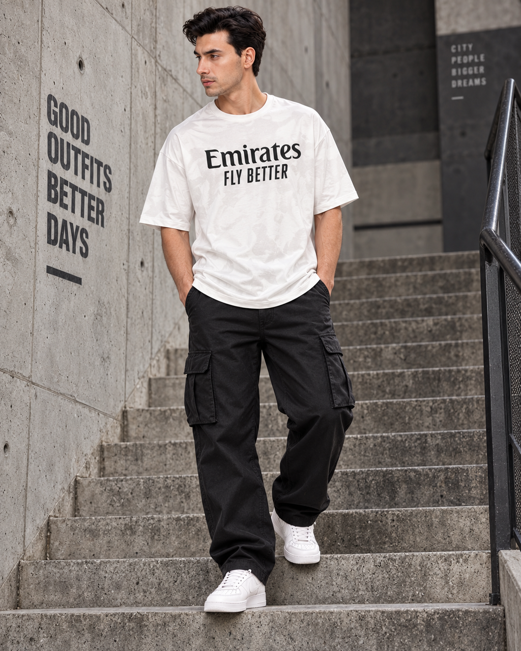 Men’s White Down Shoulder Graphic Printed T-Shirt
