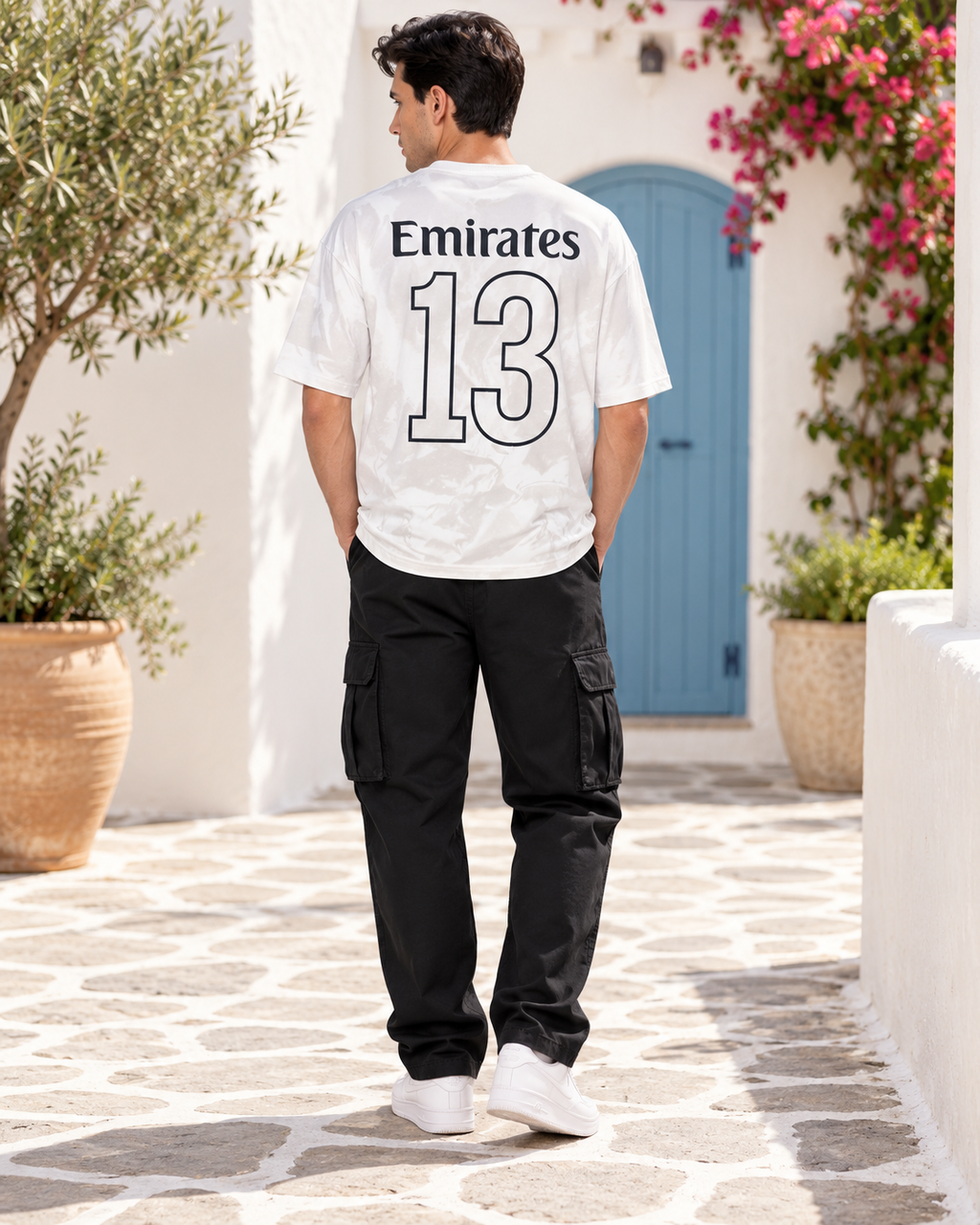 Men’s White Down Shoulder Graphic Printed T-Shirt