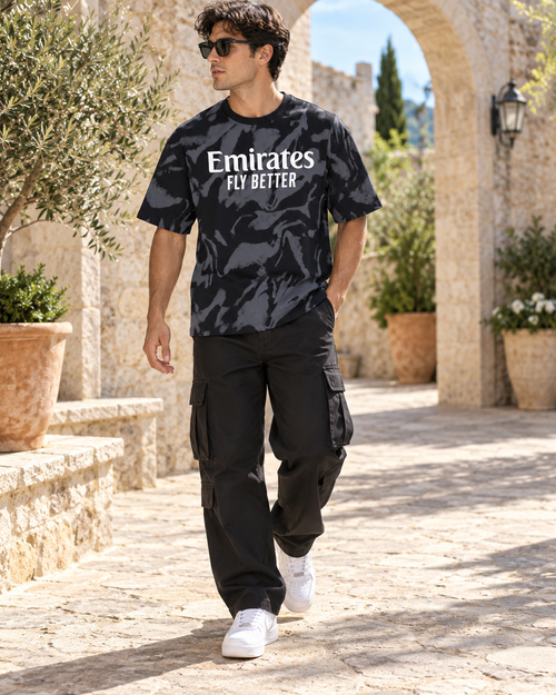 Men’s Black & Grey Emirates Fly Better Down Shoulder Graphic Printed T-Shirt