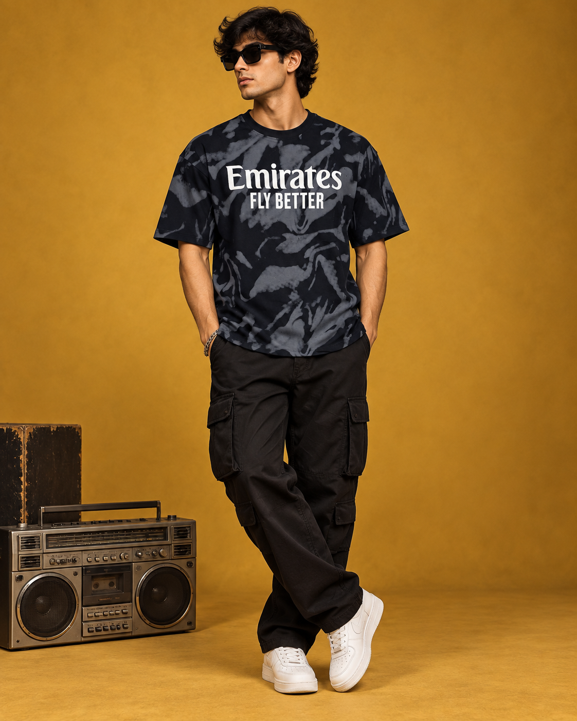Men’s Black & Grey Emirates Fly Better Down Shoulder Graphic Printed T-Shirt