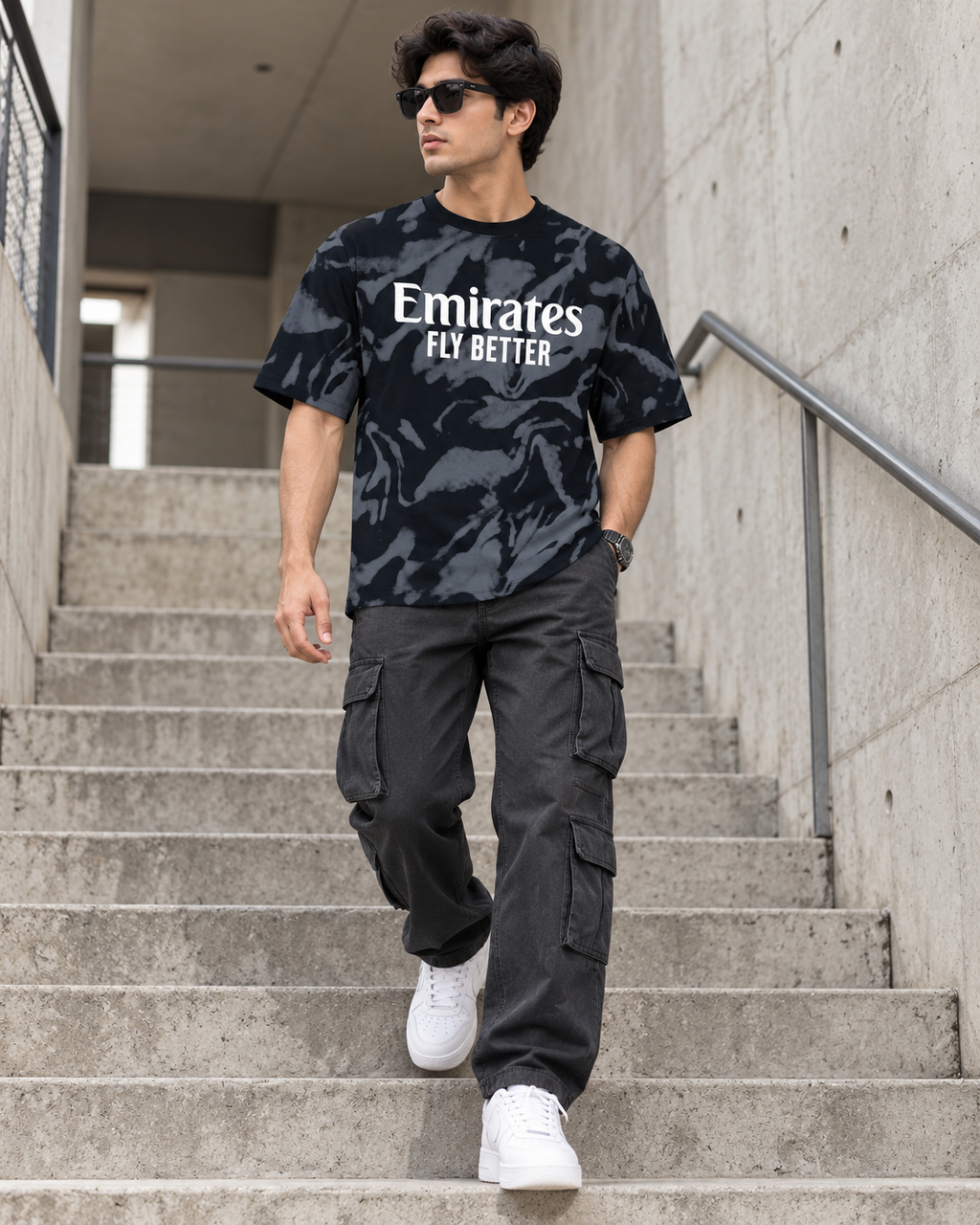 Men’s Black & Grey Emirates Fly Better Down Shoulder Graphic Printed T-Shirt