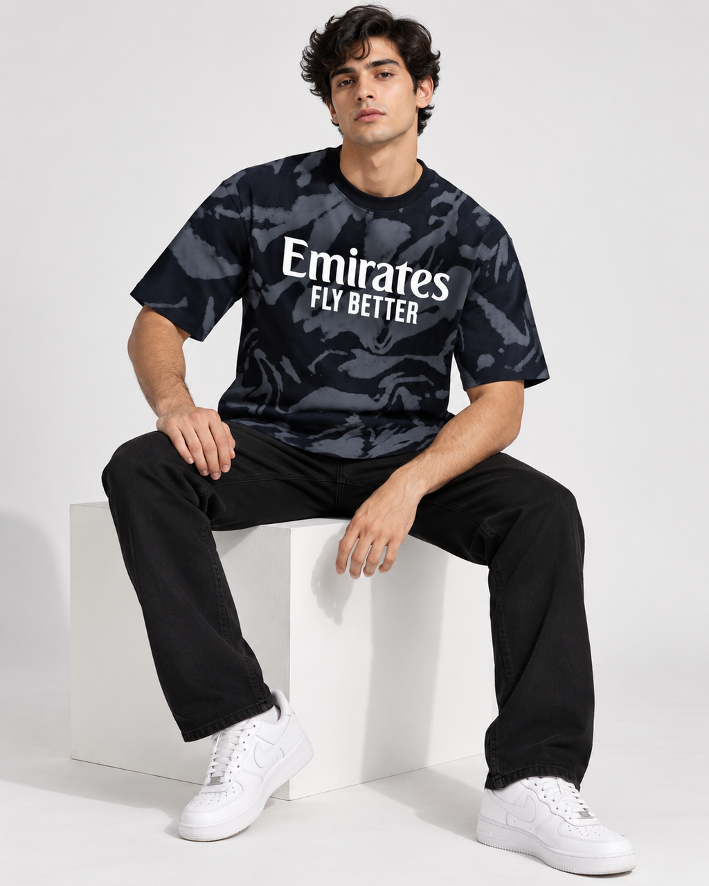 Men’s Black & Grey Emirates Fly Better Down Shoulder Graphic Printed T-Shirt