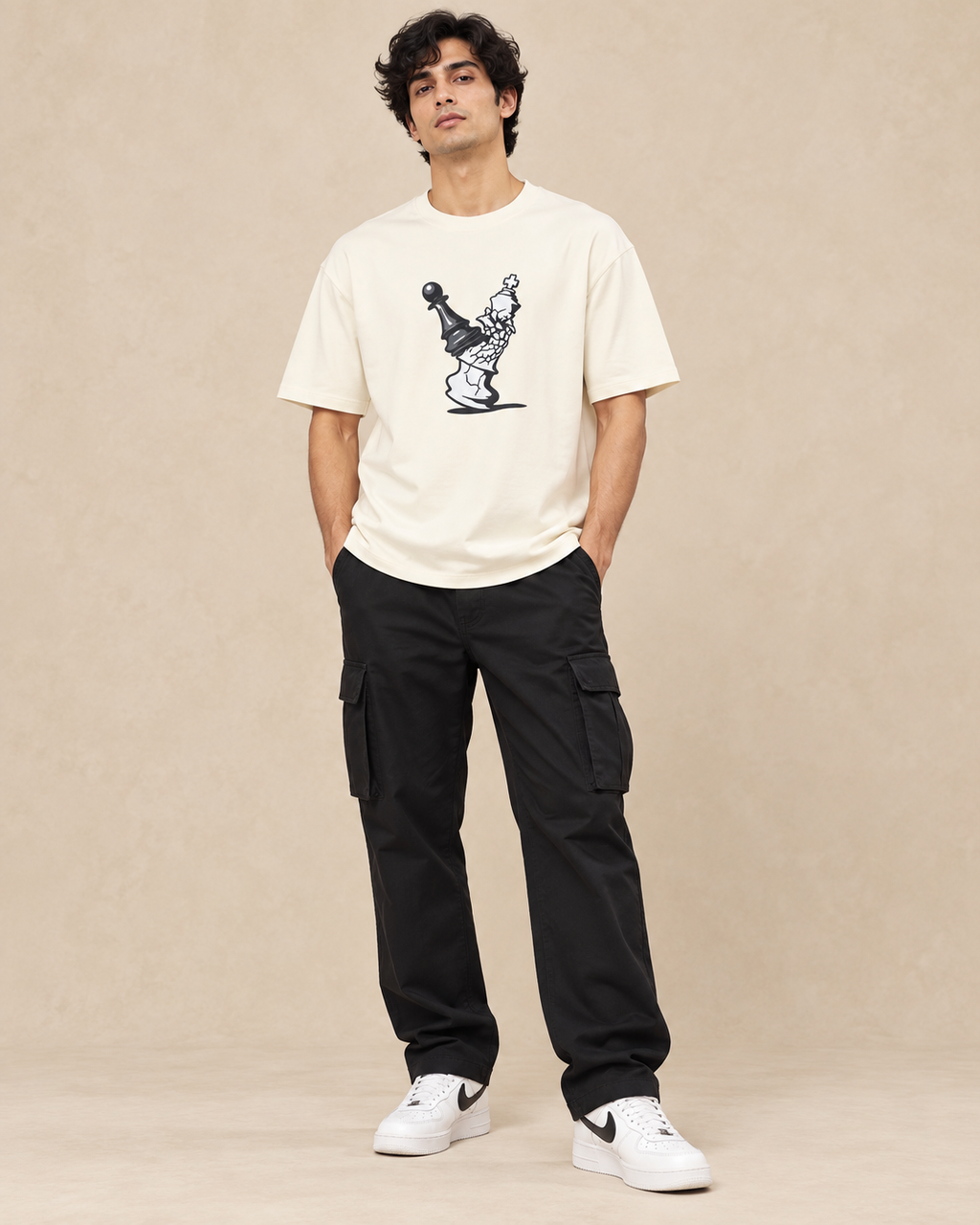 Men’s Off-White Down Shoulder Chess Graphic Printed T-Shirt