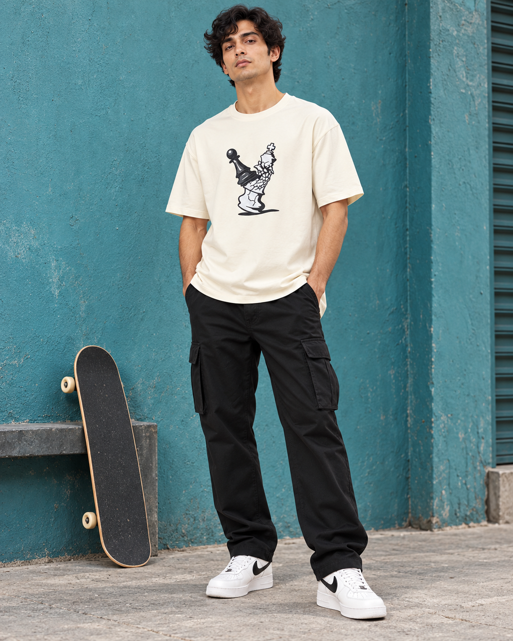Men’s Off-White Down Shoulder Chess Graphic Printed T-Shirt