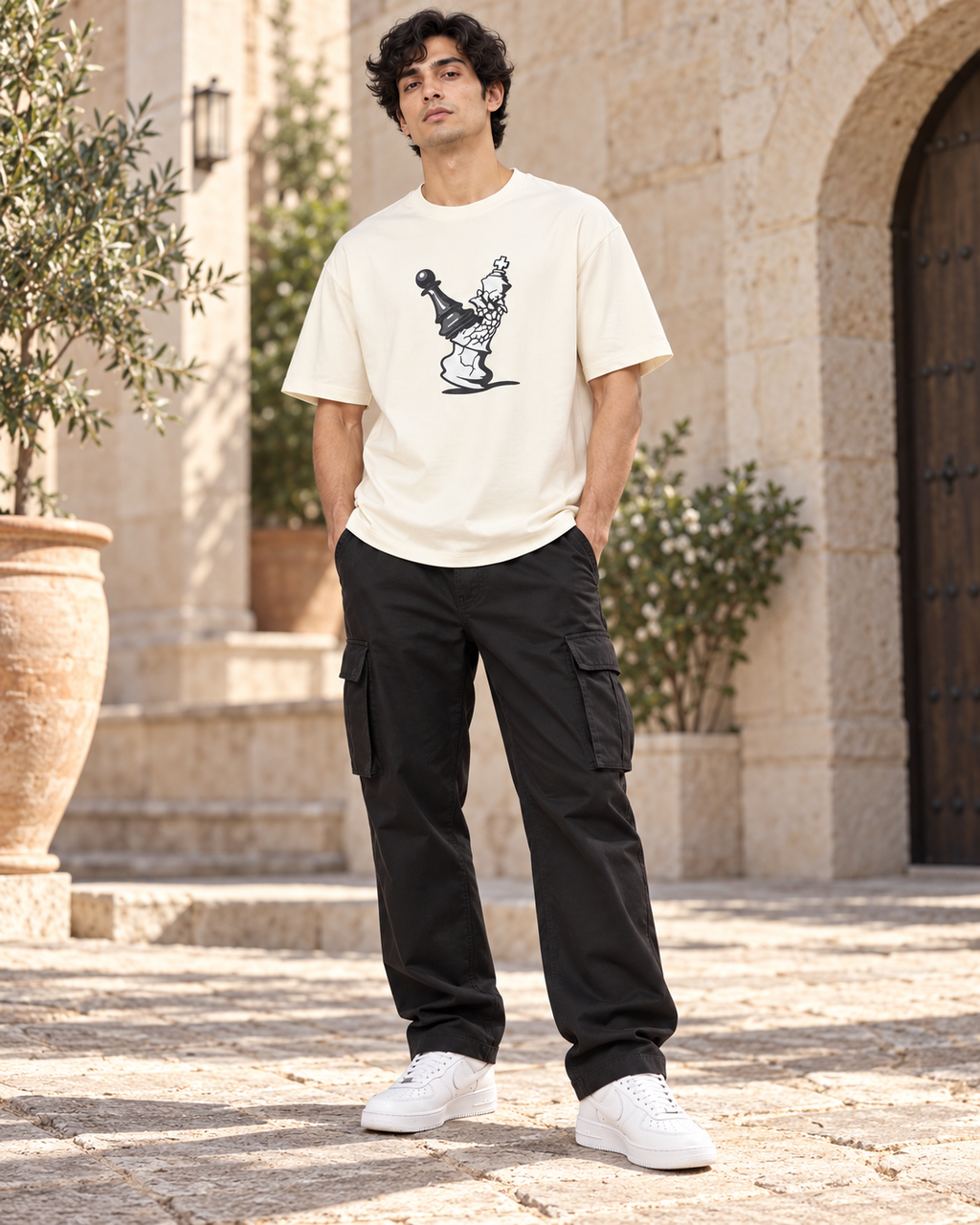 Men’s Off-White Down Shoulder Chess Graphic Printed T-Shirt