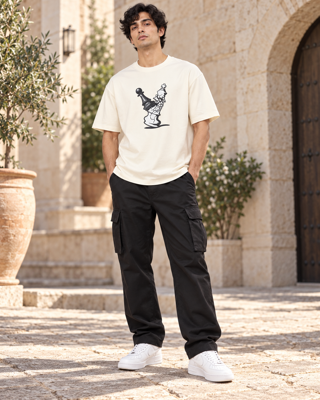 Men’s Off-White Down Shoulder Chess Graphic Printed T-Shirt