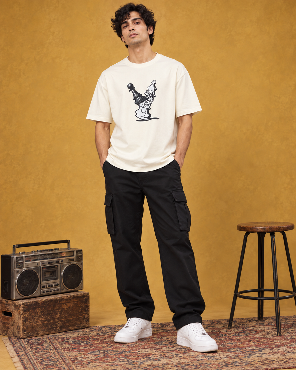 Men’s Off-White Down Shoulder Chess Graphic Printed T-Shirt