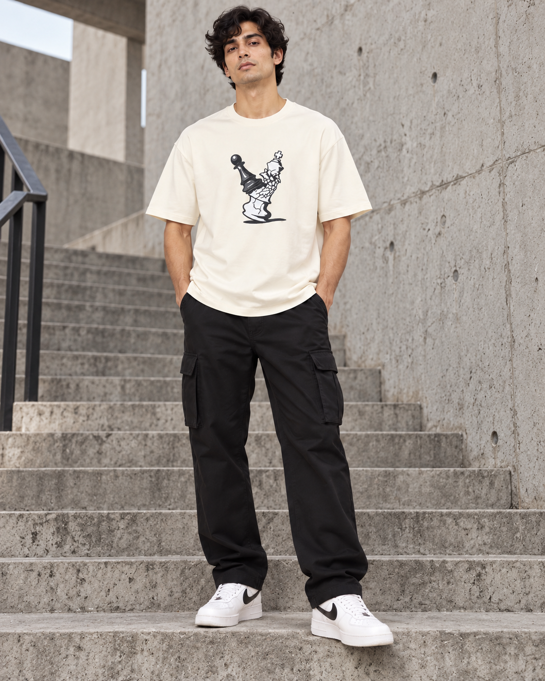 Men’s Off-White Down Shoulder Chess Graphic Printed T-Shirt