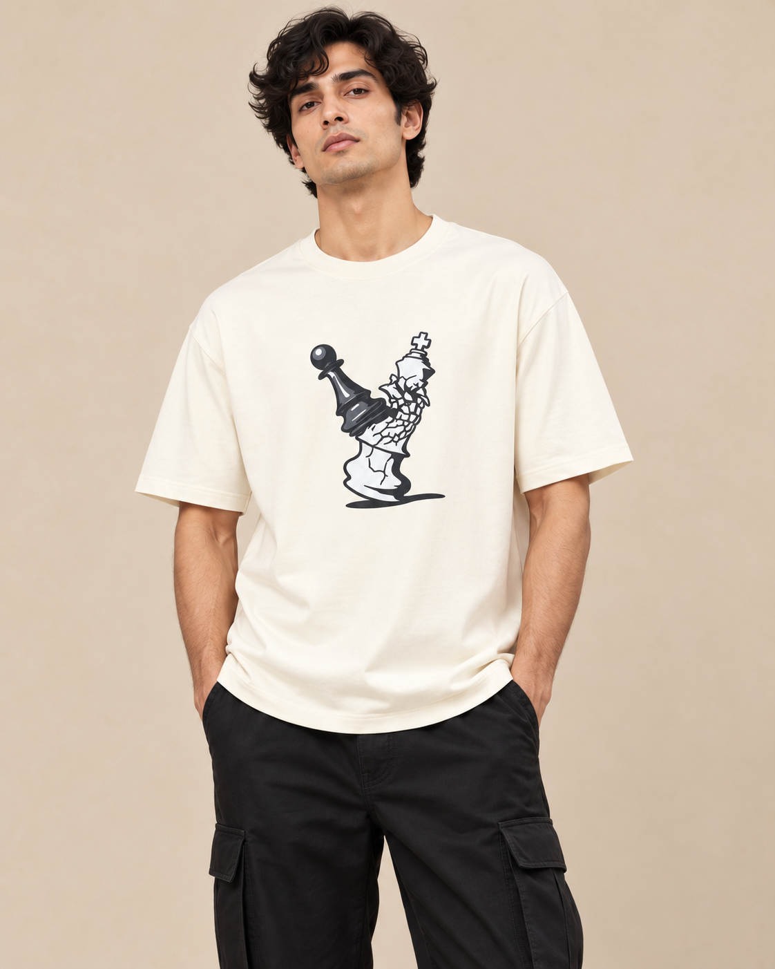 Men’s Off-White Down Shoulder Chess Graphic Printed T-Shirt