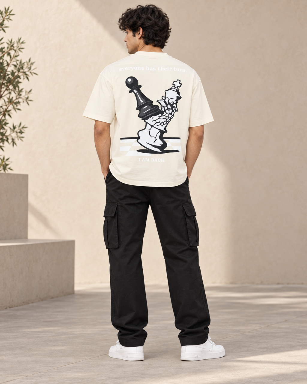 Men’s Off-White Down Shoulder Chess Graphic Printed T-Shirt