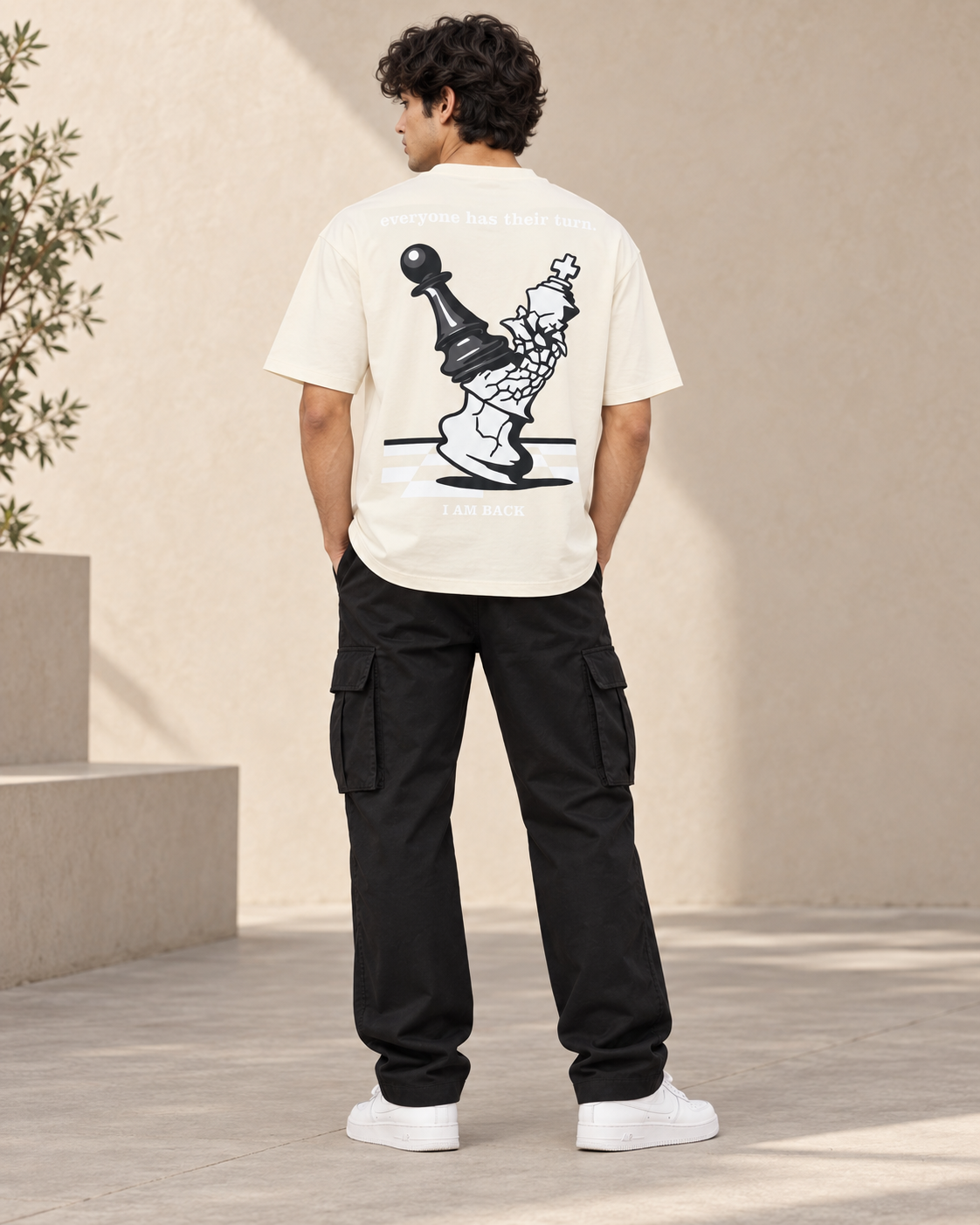 Men’s Off-White Down Shoulder Chess Graphic Printed T-Shirt