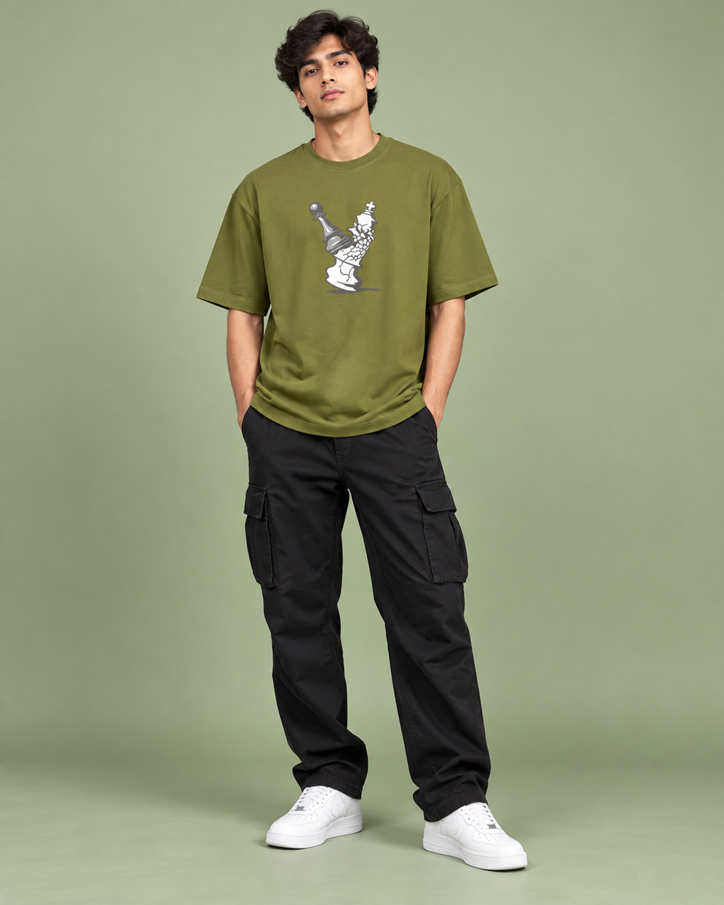 Men’s Olive Green Oversized Chess Graphic Printed T-Shirt