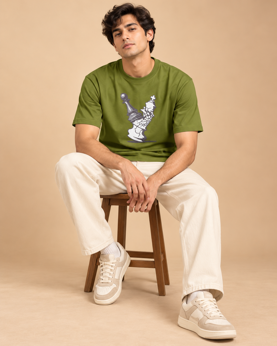 Men’s Olive Green Oversized Chess Graphic Printed T-Shirt