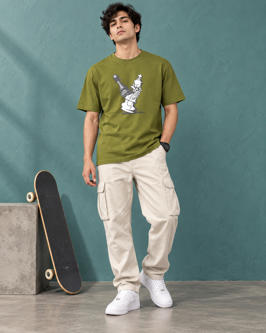 Men’s Olive Green Oversized Chess Graphic Printed T-Shirt