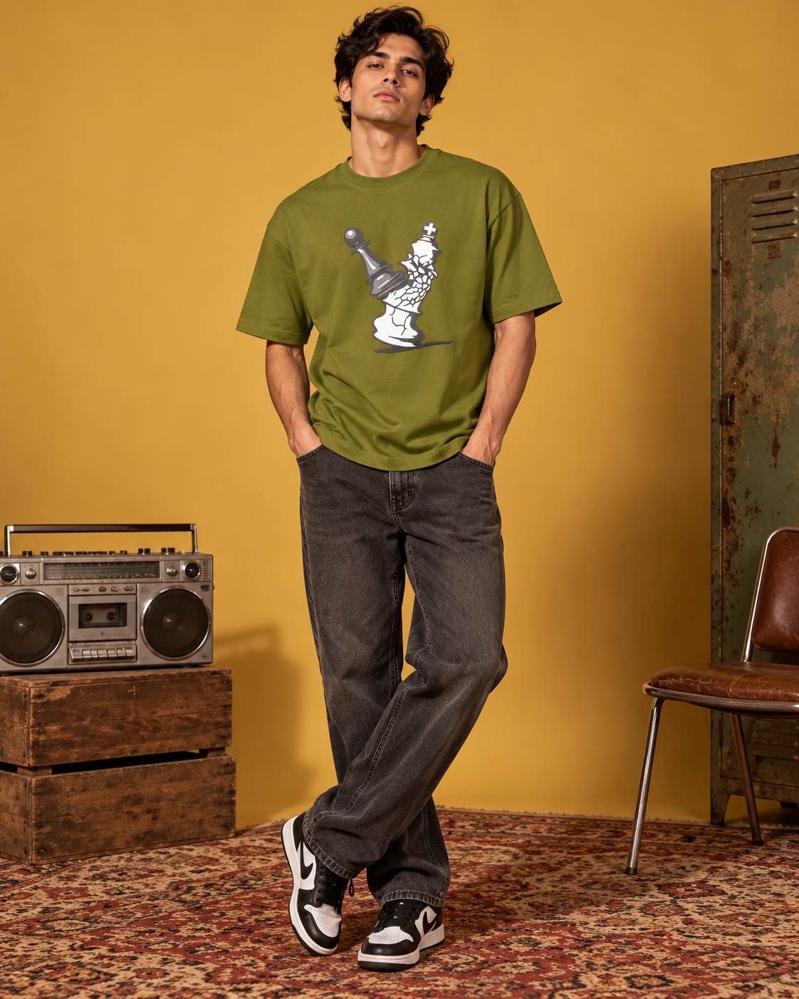 Men’s Olive Green Oversized Chess Graphic Printed T-Shirt