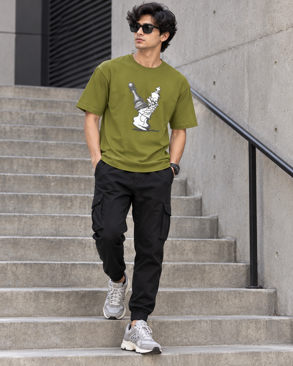 Men’s Olive Green Oversized Chess Graphic Printed T-Shirt