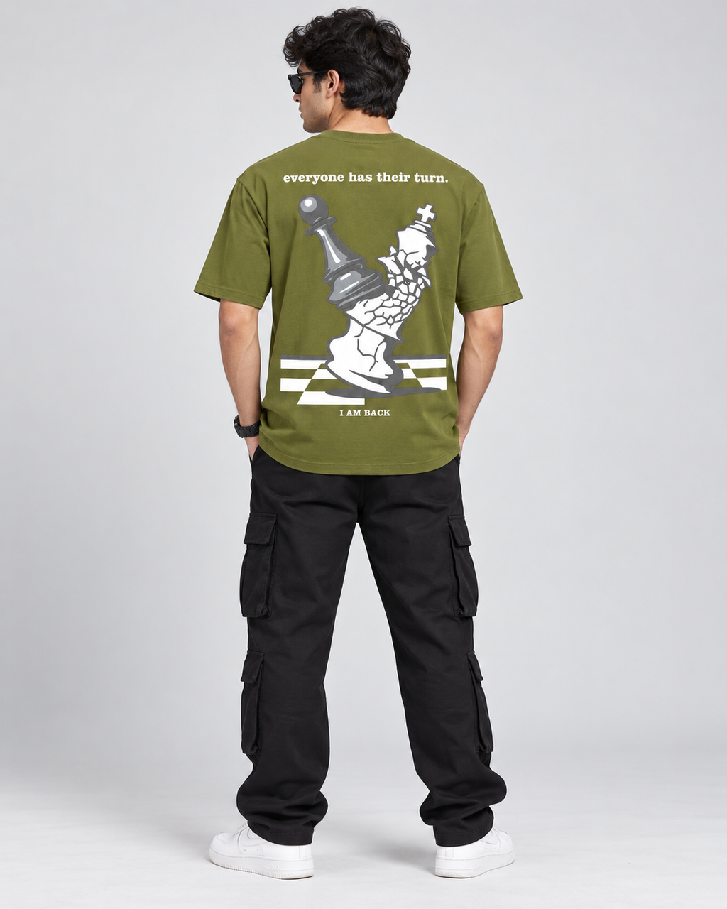 Men’s Olive Green Oversized Chess Graphic Printed T-Shirt